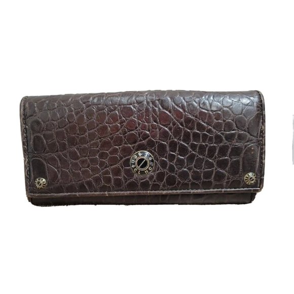 Henri Bendel Women Brown Leather Embossed Faux Croc Envelope Wallet Card Change - Picture 1 of 11